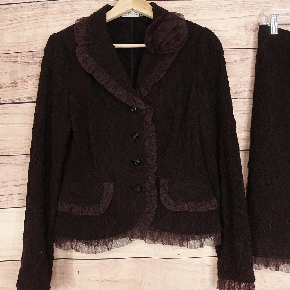 Rickie Freeman Teri Jon Skirt Suit Womens 8 Brown Lace 2 Piece Ruffle Trim - Picture 2 of 13